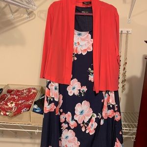 Woman’s 2X dress navy blue with coral flowers and coral jacket